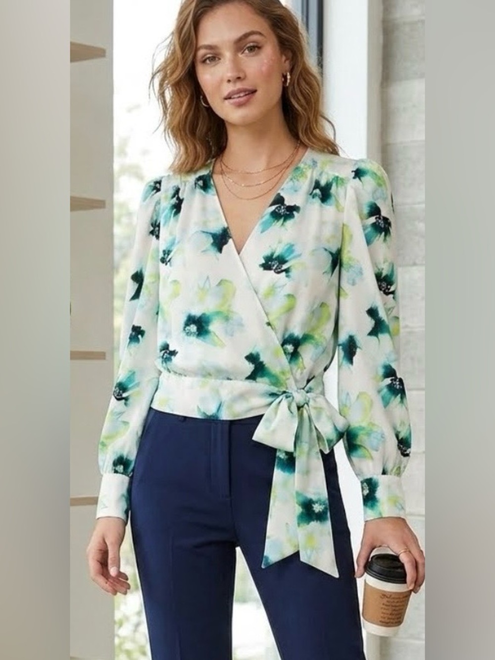 I.N.C. Puff Sleeve Wrap Blouse in Watercolor Floral Print Size Large-NWOT